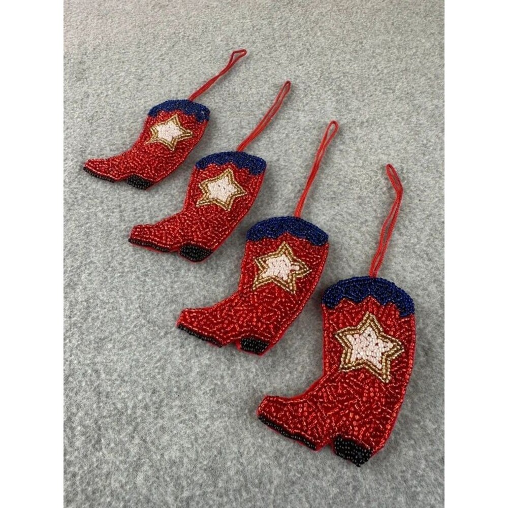 Set of 4 Beaded Western Cowboy Boot Patriotic Christmas Holiday Ornaments USA